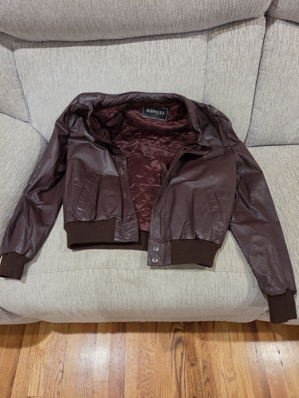 Vintage Borelli Burgundy Leather Bomber Jacket Men Size L Oxblood FlightCoat 80s